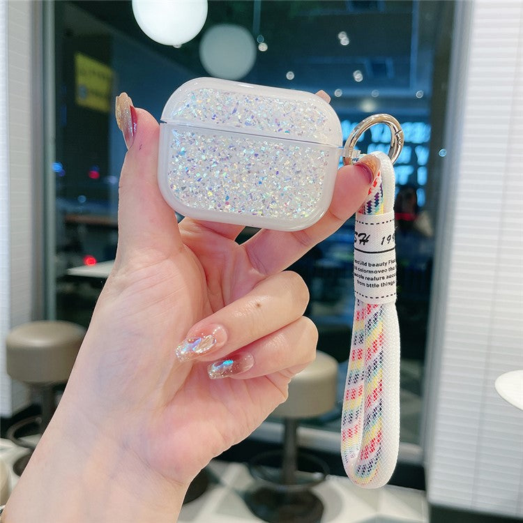 For Apple AirPods Pro Earphone Case Glitter TPU Earbud Holder with Hand Strap - Silver