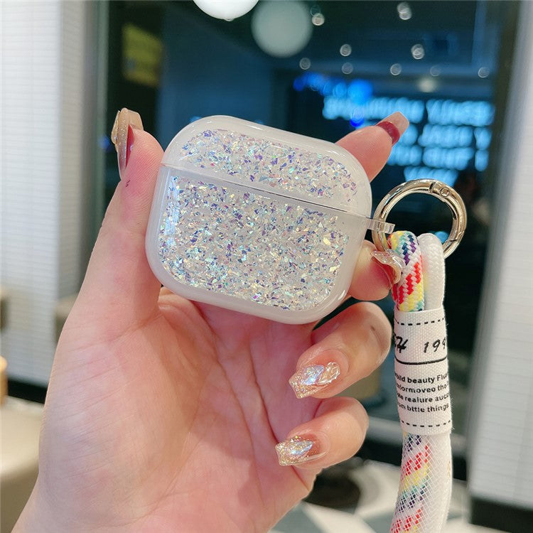 For Apple AirPods Pro Earphone Case Glitter TPU Earbud Holder with Hand Strap - Silver