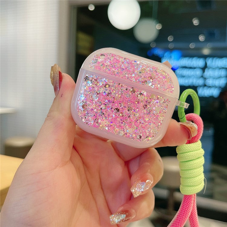 For Apple AirPods Pro Earphone Case Glitter TPU Earbud Holder with Hand Strap - Purple