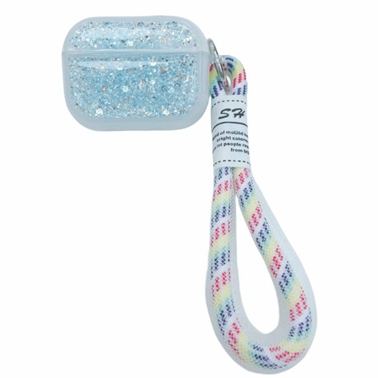For Apple AirPods Pro Earphone Case Glitter TPU Earbud Holder with Hand Strap - Blue