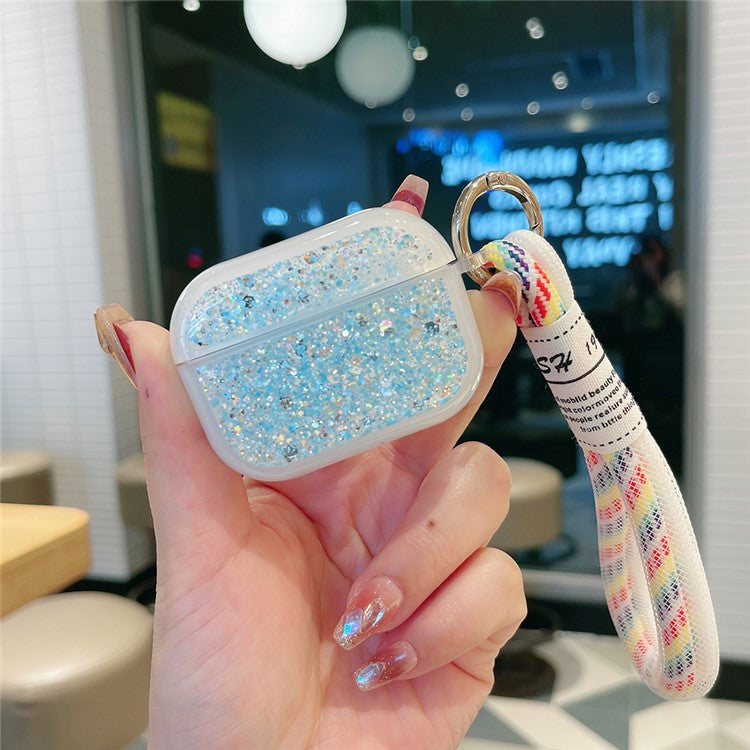 For Apple AirPods Pro Earphone Case Glitter TPU Earbud Holder with Hand Strap - Blue