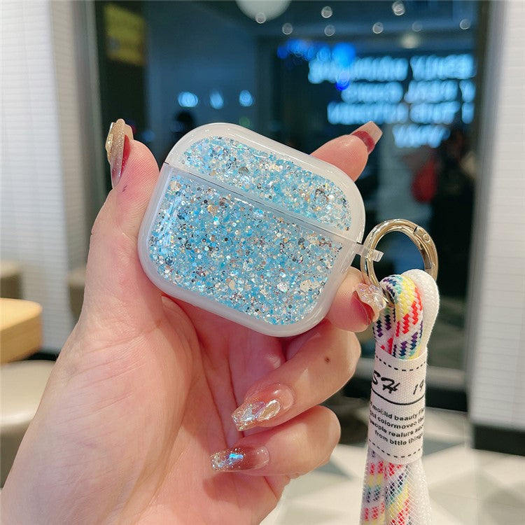For Apple AirPods Pro Earphone Case Glitter TPU Earbud Holder with Hand Strap - Blue