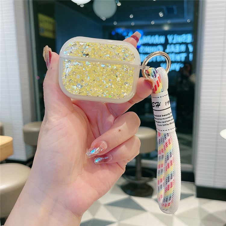 For Apple AirPods Pro Earphone Case Glitter TPU Earbud Holder with Hand Strap - Yellow