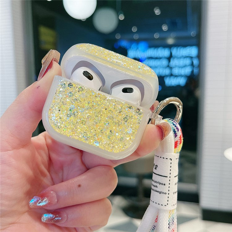 For Apple AirPods Pro Earphone Case Glitter TPU Earbud Holder with Hand Strap - Yellow