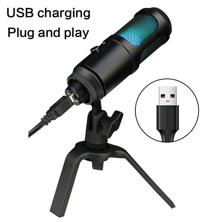 A6 USB Microphone Metal Condenser Recording Microphone with RGB Light for Laptop Streaming Broadcast