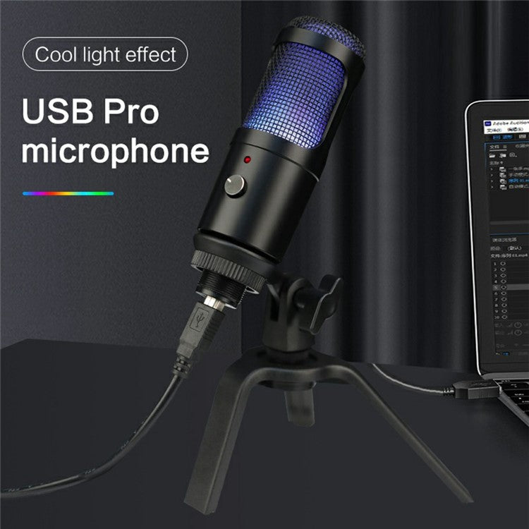 A6 USB Microphone Metal Condenser Recording Microphone with RGB Light for Laptop Streaming Broadcast