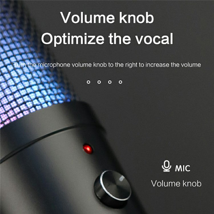 A6 USB Microphone Metal Condenser Recording Microphone with RGB Light for Laptop Streaming Broadcast