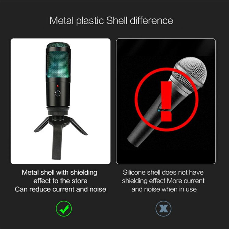 A6 USB Microphone Metal Condenser Recording Microphone with RGB Light for Laptop Streaming Broadcast