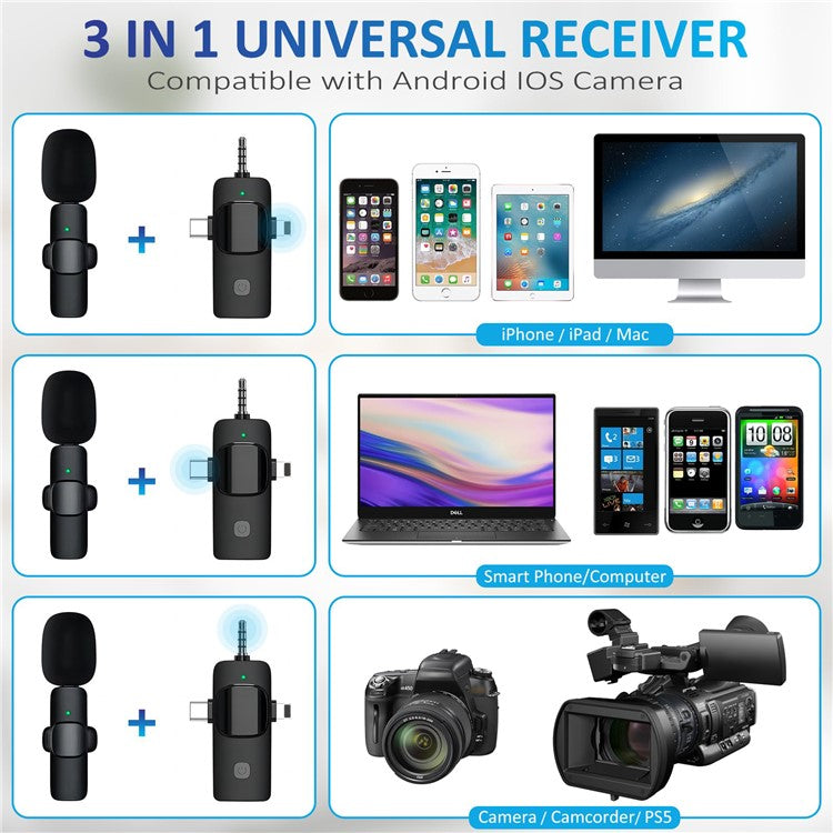K15 3 in 1 Wireless Lavalier Microphone with Noise Reduction USB-C Microphone for Smartphone Computer Camera