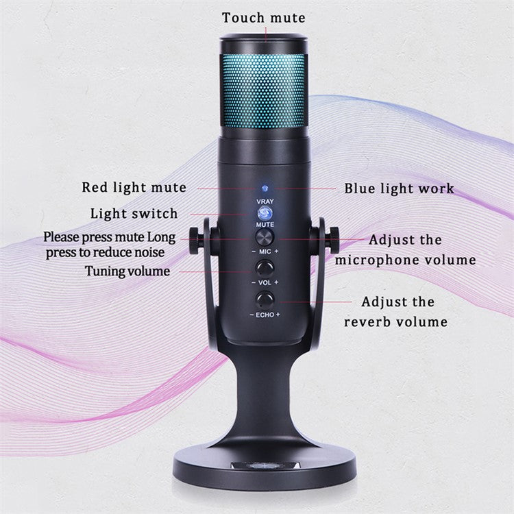 DLDZ JD-950 Gaming Live Streaming Condenser Microphone with RGB Dynamic Light 360° Rotatable Type-C Mic for Windows Desktop PC Laptop
