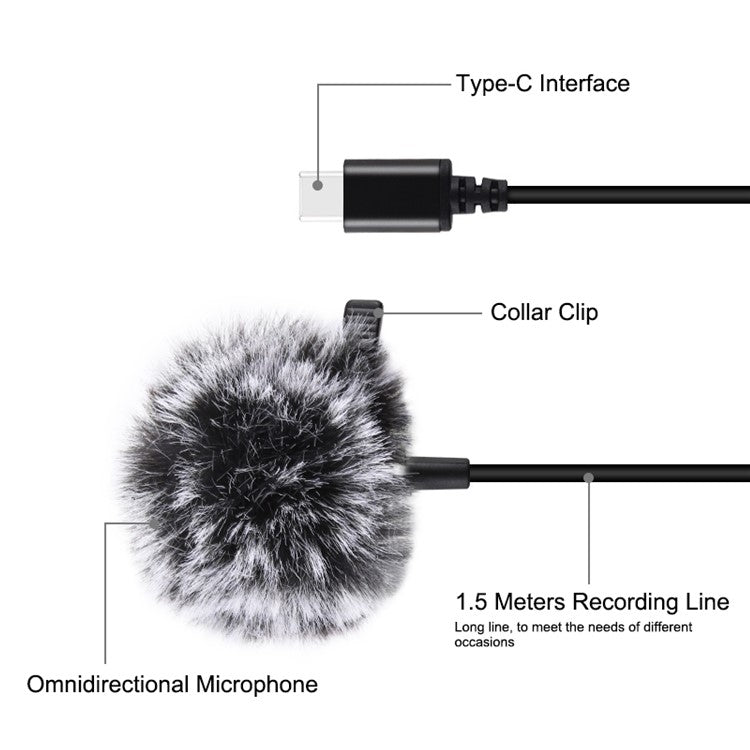 PULUZ PU425 1.5m Lavalier Microphone USB-C Lapel Clip-On Omni Condenser Mic for Video Recording