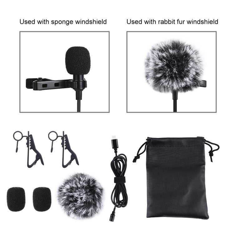 PULUZ PU425 1.5m Lavalier Microphone USB-C Lapel Clip-On Omni Condenser Mic for Video Recording