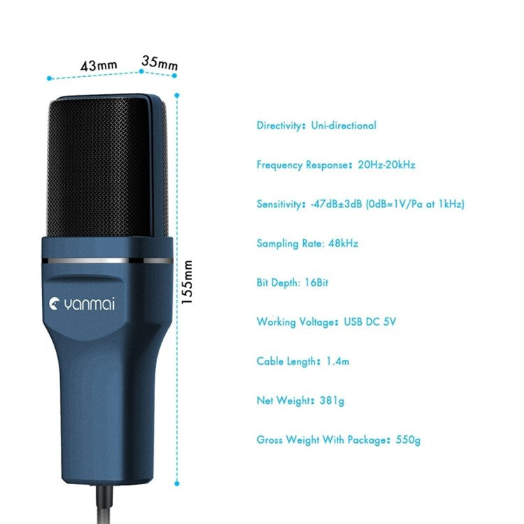 YANMAI SF-777 Desktop Condenser Microphone USB Wired Cardioid Mic with Tripod Stand for Singing Gaming Recording - Black