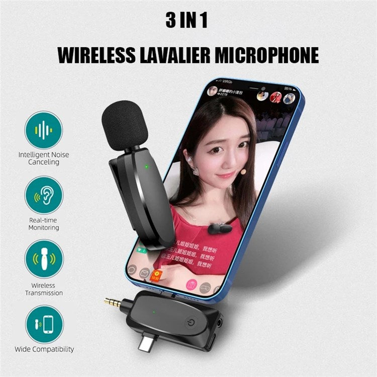 AP003 For Lightning / 3.5mm AUX / Type C Receiver 2.4GHz Wireless Lavalier Microphone (1 Mic + 1 Receiver) for Phone Camera YouTube Vlog Streaming Camera