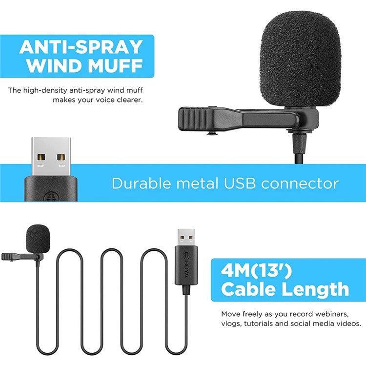 BOYA BY-LM40 USB Lavalier Microphone 4m Cable Plug and Play Mic for Vlogging Live Streaming