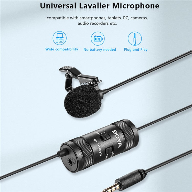 BOYA BY-M1 Pro II Clip-on Microphone Omni-directional Condenser Mic 3.5mm TRRS Plug with 6m Cable for Smartphone Camera Camcorder