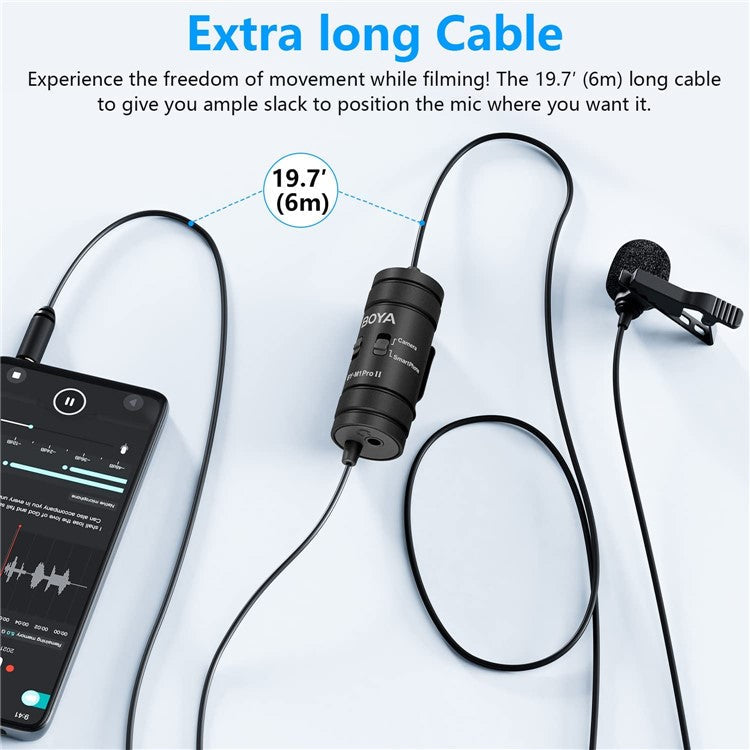 BOYA BY-M1 Pro II Clip-on Microphone Omni-directional Condenser Mic 3.5mm TRRS Plug with 6m Cable for Smartphone Camera Camcorder