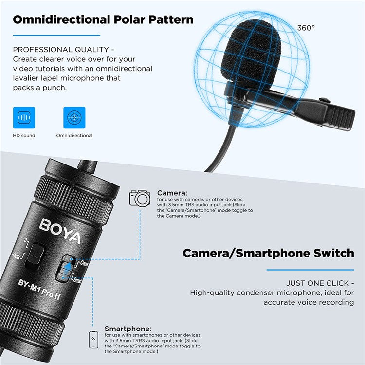 BOYA BY-M1 Pro II Clip-on Microphone Omni-directional Condenser Mic 3.5mm TRRS Plug with 6m Cable for Smartphone Camera Camcorder