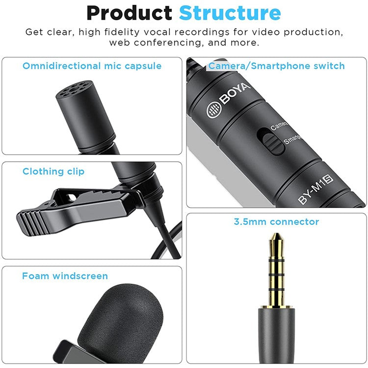 BOYA BY-M1S Wired Lavalier Mic for PC Smartphone DSLR 3.5mm TRRS Condenser Lavalier Microphone