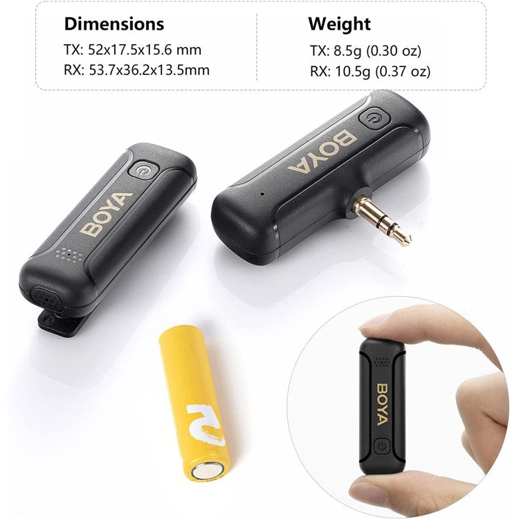 BOYA BY-WM3T2-M1 Mini Clip-On Microphone for Camera Noise Reduction Plug-and-Play Wireless Lavalier Mic with 3.5mm TRS Connector