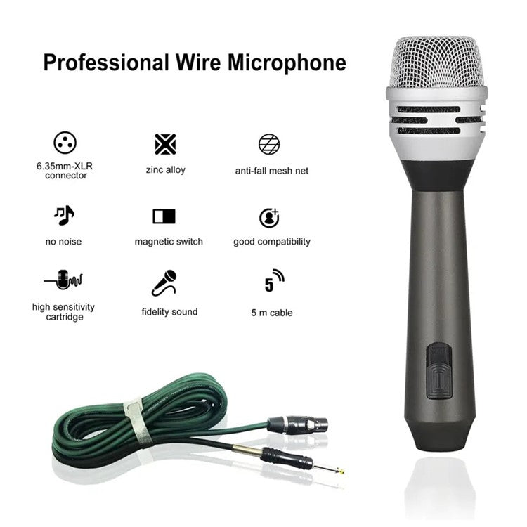 F8 Handheld Wired Microphone Cardioid Dynamic Vocal Mic with 5m Cable for Speakers, Karaoke Singing Machine