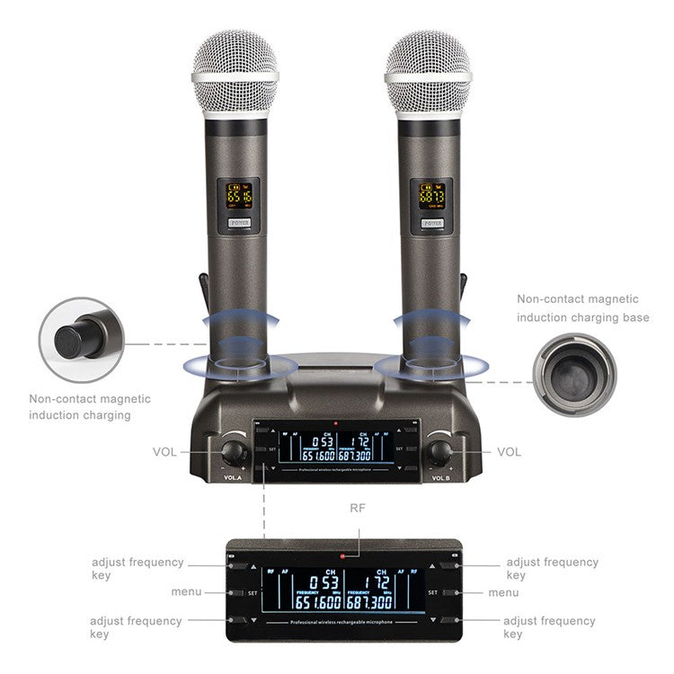 CD-02 Dual UHF Microphone System Handheld Dynamic Mic Support Magnetic Induction Charging - US Plug