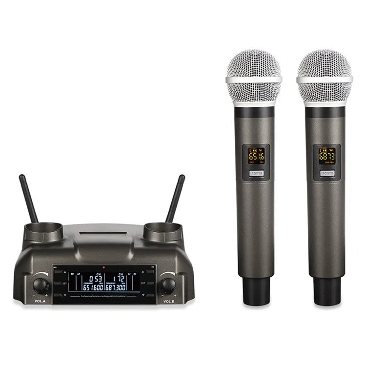 CD-02 Dual UHF Microphone System Handheld Dynamic Mic Support Magnetic Induction Charging - EU Plug