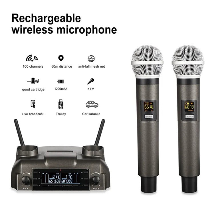 CD-02 Dual UHF Microphone System Handheld Dynamic Mic Support Magnetic Induction Charging - EU Plug
