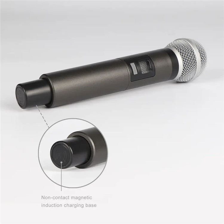 CD-02 Dual UHF Microphone System Handheld Dynamic Mic Support Magnetic Induction Charging - UK Plug