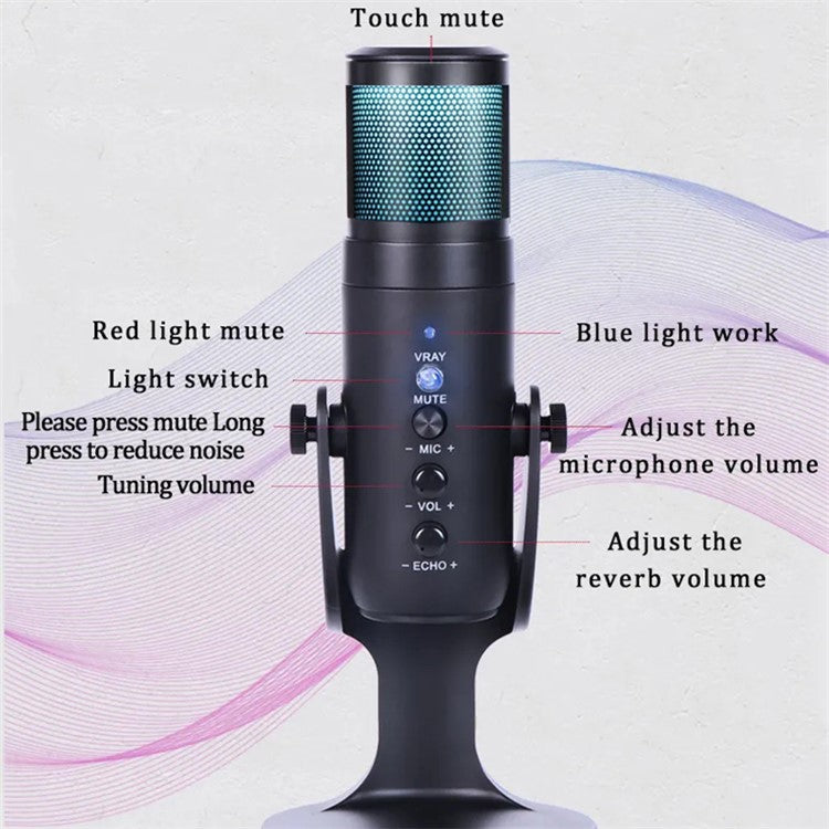 JMARY MC-PW9 Microphone USB Cable Mic Plug and Play RGB Light Voice Recording Tool