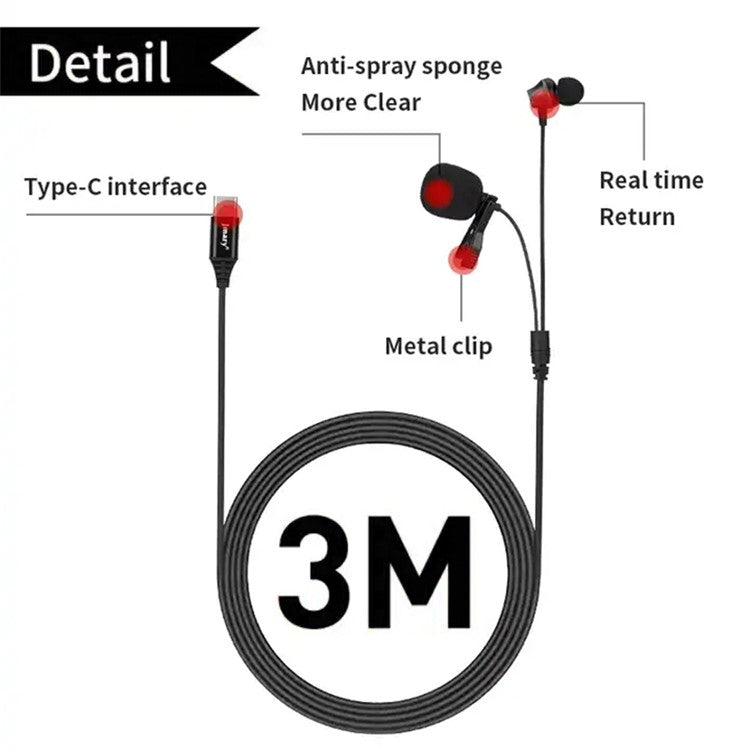 JMARY MC-R6 3m Type-C Wired Lavalier Microphone Live Streaming Mic with In-ear Earphone