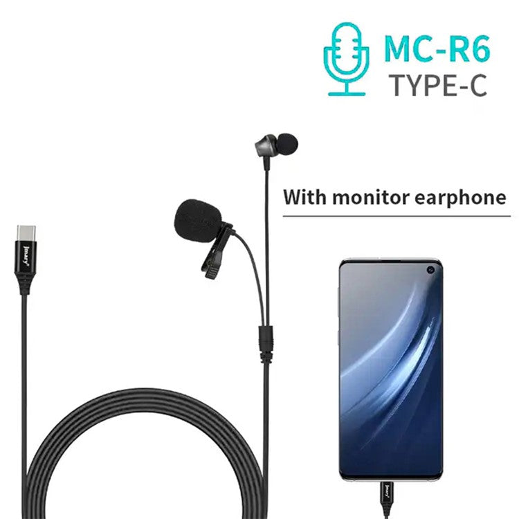 JMARY MC-R6 3m Type-C Wired Lavalier Microphone Live Streaming Mic with In-ear Earphone