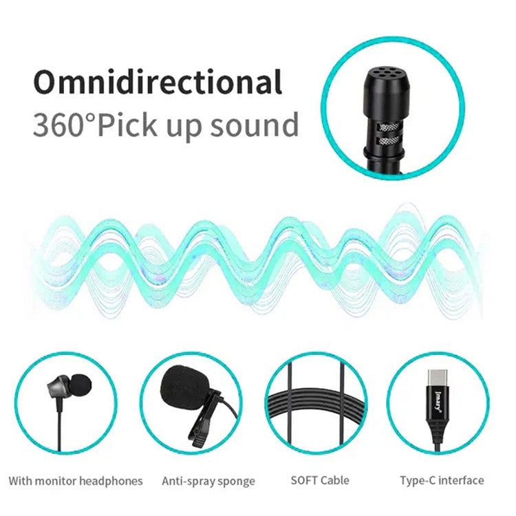 JMARY MC-R6 3m Type-C Wired Lavalier Microphone Live Streaming Mic with In-ear Earphone