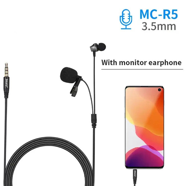 JMARY MC-R5 3m 3.5mm Wired Lavalier Microphone with Sound Monitoring Earphone