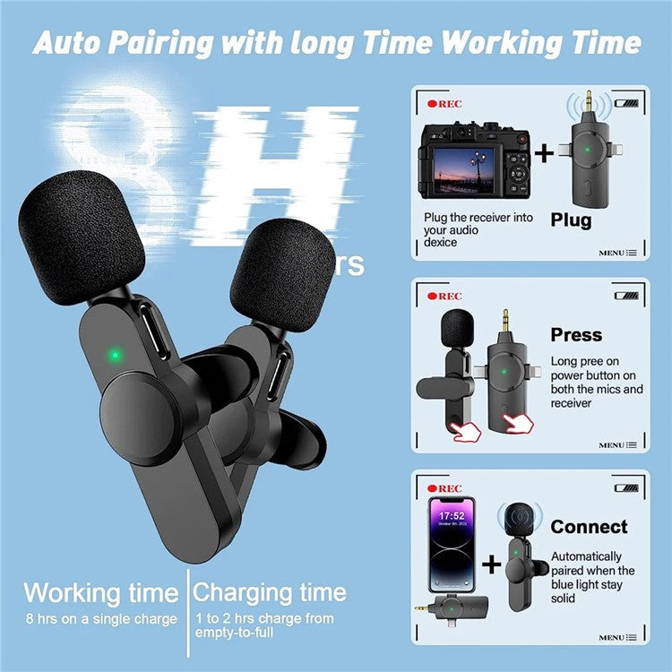 AP031 2 Wireless Lavalier Microphones with 1 Receiver for iPhone, Type-C Cell Phone, Camera
