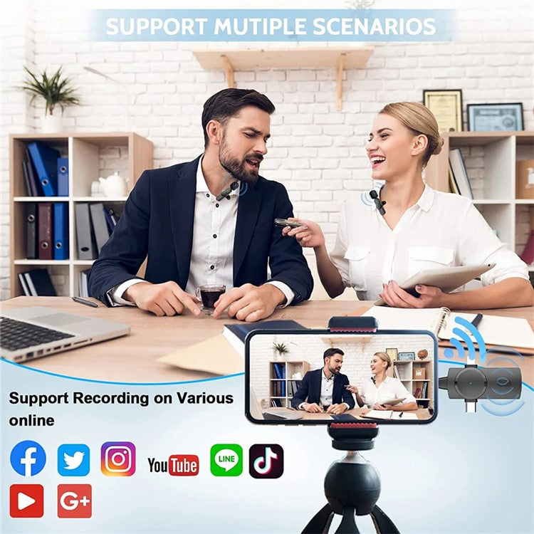 AP031 2 Wireless Lavalier Microphones with 1 Receiver for iPhone, Type-C Cell Phone, Camera