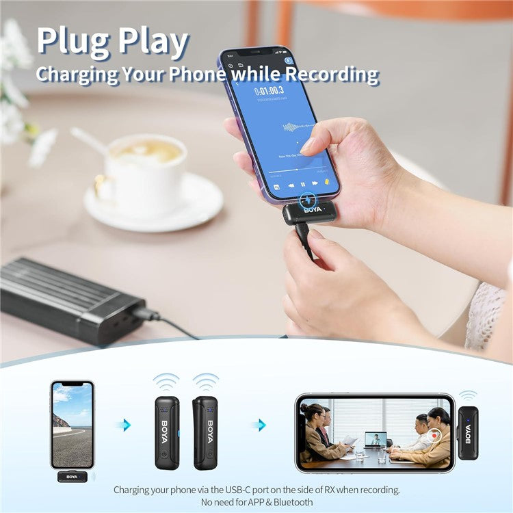 BOYA BY-WM3T-U2 2 Transmitter + 1 Type-C Receiver, 2.4GHz Wireless Microphone Lapel Clip Mics