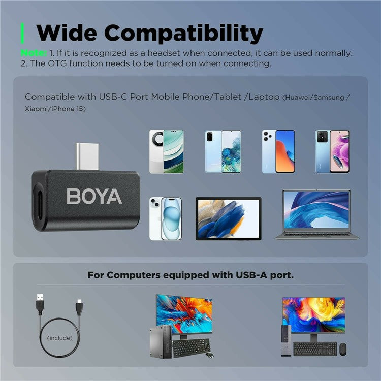 BOYA Omic-U 2 Transmitter + 1 USB-C Receiver, Button Shape Wireless Lavalier Microphone - Black