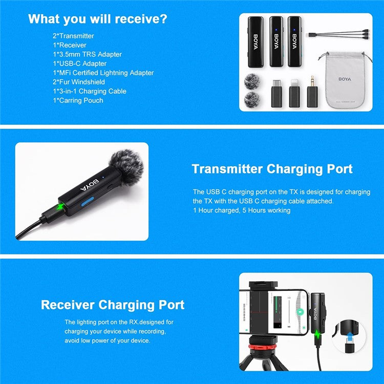 BOYA BOYALINK A2 For iPhone / Android / Camera Vlogging Wireless Lavalier Microphone (2 TX+1 RX) 100m Range
