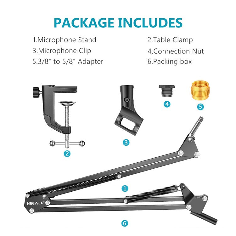 NEEWER Recording Microphone Extendable Stand Shockproof Microphone Clip Scissor Arm Table Mount Clamp - Black