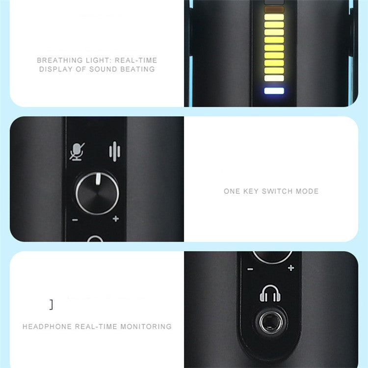 A33 LED Voice Control Breathing Light USB Unidirectional Condenser Microphone One-Key Noise Reduction Mic for Recording/Singing/Teaching/Gaming/Live Broadcast