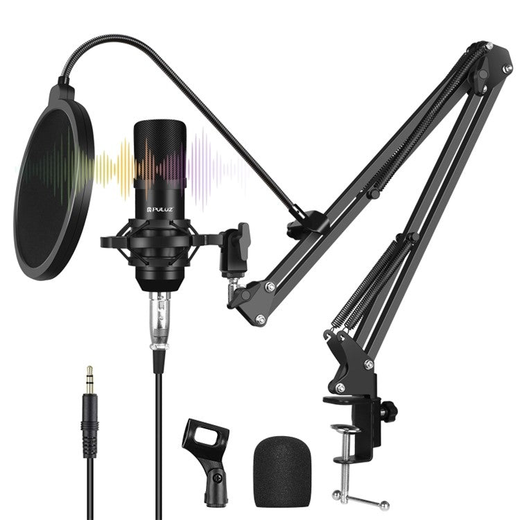 PULUZ Podcast Microphone USB Sound Card Kit Professional Studio Live Sound Mixer with Long Arm for Streaming/Gaming/Recording/Singing/Tiktok/YouTube/PC/Computer - Black