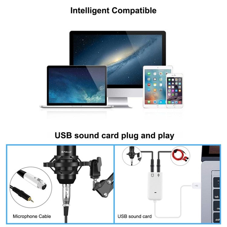 PULUZ Podcast Microphone USB Sound Card Kit Professional Studio Live Sound Mixer with Long Arm for Streaming/Gaming/Recording/Singing/Tiktok/YouTube/PC/Computer - Black