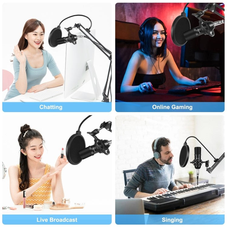 PULUZ Podcast Microphone USB Sound Card Kit Professional Studio Live Sound Mixer with Long Arm for Streaming/Gaming/Recording/Singing/Tiktok/YouTube/PC/Computer - Black