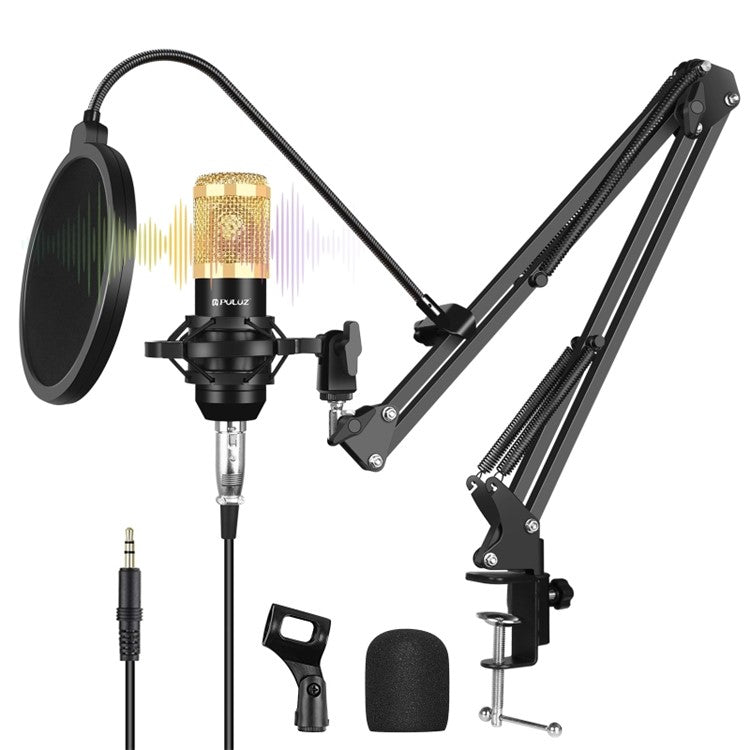 PULUZ Podcast Microphone USB Sound Card Kit Professional Studio Live Sound Mixer with Long Arm for Streaming/Gaming/Recording/Singing/Tiktok/YouTube/PC/Computer - Gold