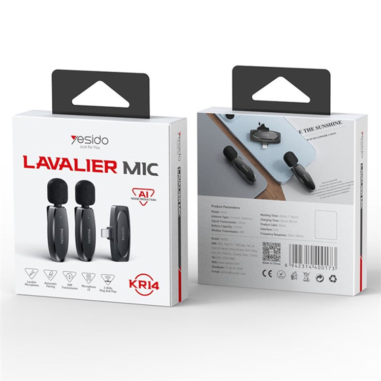 YESIDO KR14 8-Pin Plug Mini Recording Mic for iPhone Wireless Lavalier Microphone (2 Transmitters + 1 Receiver)