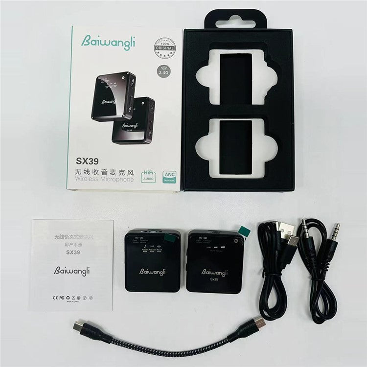 BAIWANGLI SX39 Wireless Noise Canceling Microphone System Portable Collar Clip Mic for Type-C, 1 Transmitter + 1 Receiver