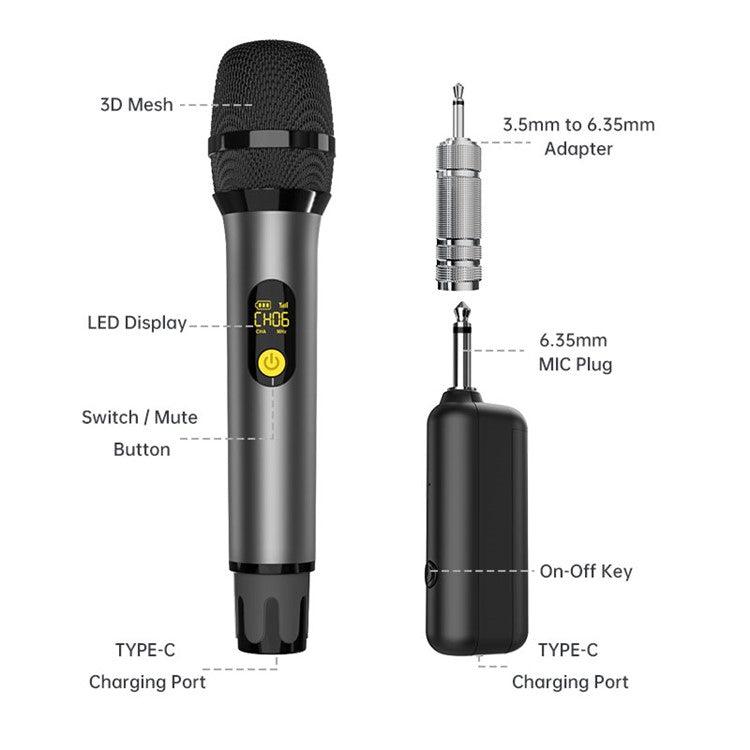 H21H Home Karaoke UHF Wireless Hand-Held Microphone, 2 Mic + 1 Receiver - Grey