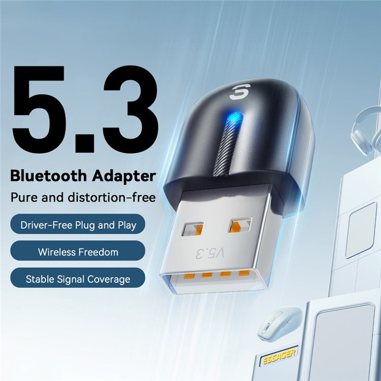 ESSAGER EBT53-BH01-P USB Bluetooth 5.3 Adapter Plug and Play for PC Game Controller Phone