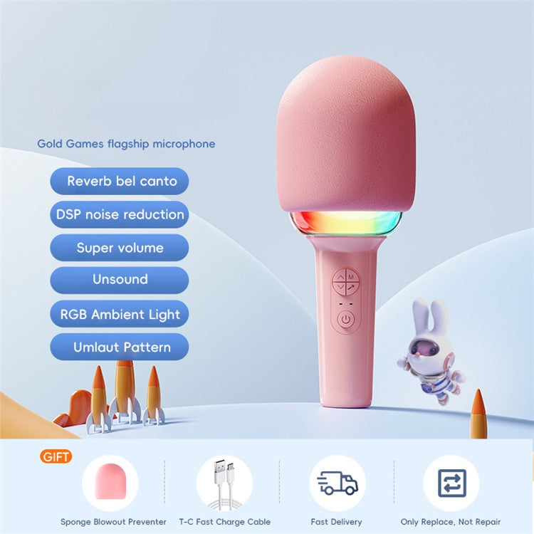 L8 Colorful Light Microphone Speaker Children Wireless Home Singing Handheld Mic - Pink